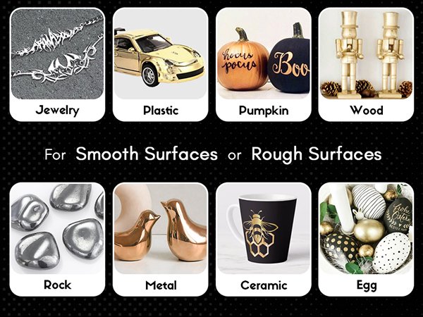 Collage showing various items that can be painted with liquid chrome markers: jewelry, plastic car, pumpkins, wooden nutcrackers, rocks, metal birds, ceramic mug, and Easter eggs.