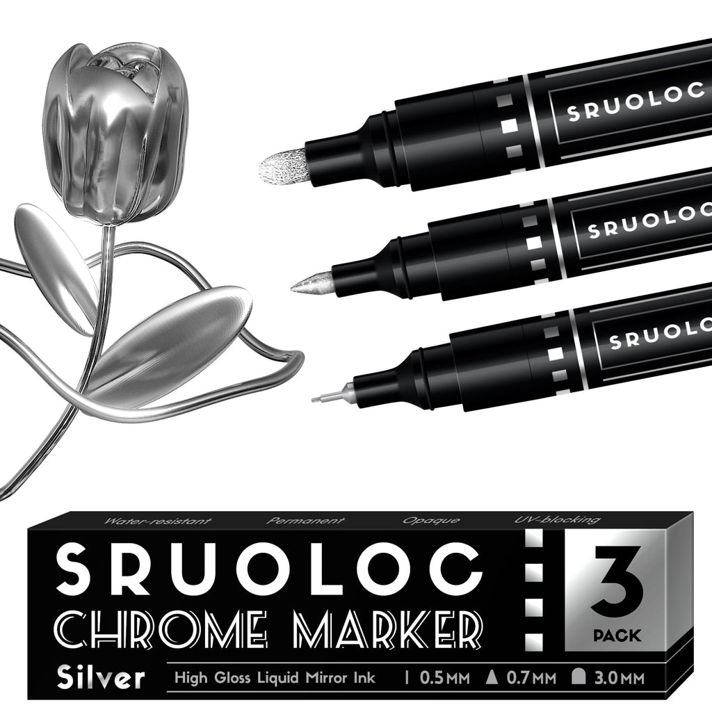 Three silver chrome paint markers with different tips and a chrome tulip sculpture on a white background.