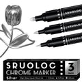 Three silver chrome paint markers with different tips and a chrome tulip sculpture on a white background.