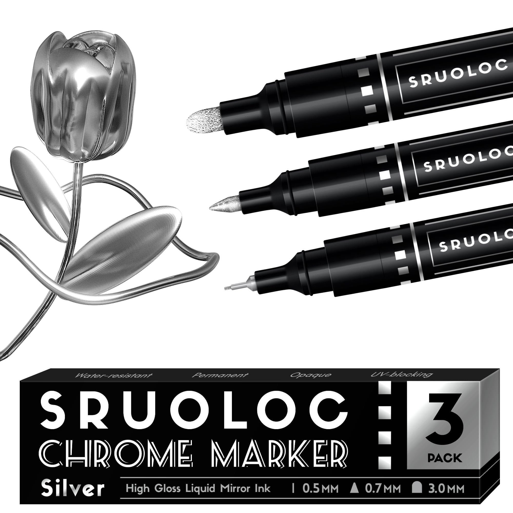 Three silver chrome paint markers with different tips and a chrome tulip sculpture on a white background.