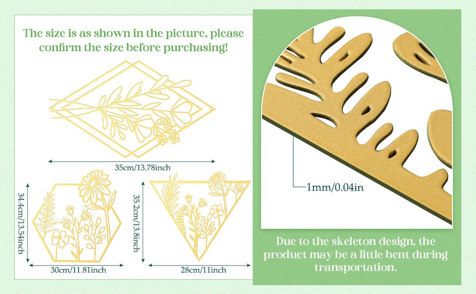 Three gold metal floral wall art pieces with dimensions and thickness shown, one diamond, one hexagon, one triangle.