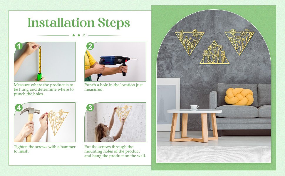 Installation steps for metal flower wall decor, showing measuring, drilling, hanging, and tightening screws, alongside a lifestyle image of the decor on a wall.