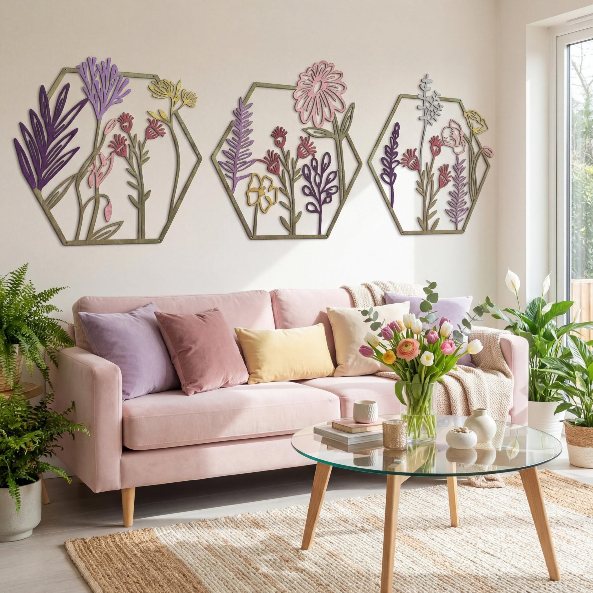 Three hexagonal metal floral wall art pieces displayed above a pink sofa in a living room setting.