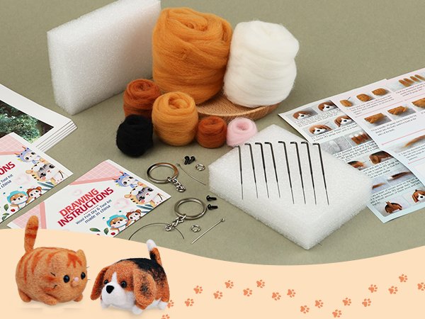 Needle felting starter kit contents including wool, needles, foam pad, keychains, and instructions, with finished cat and dog figures.
