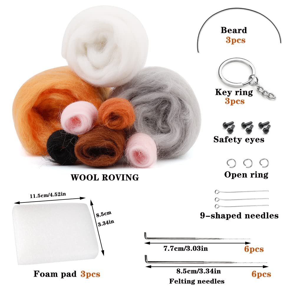 Needle felting starter kit contents including wool roving, foam pad, safety eyes, keychains, open rings, and felting needles.