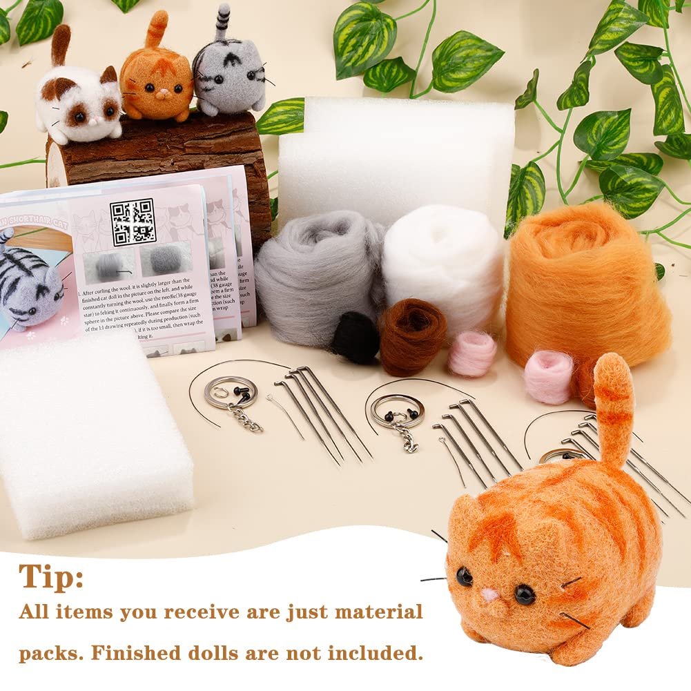 Needle felting kit contents including wool, needles, foam pads, keychains, and instructions, with finished cat figures.