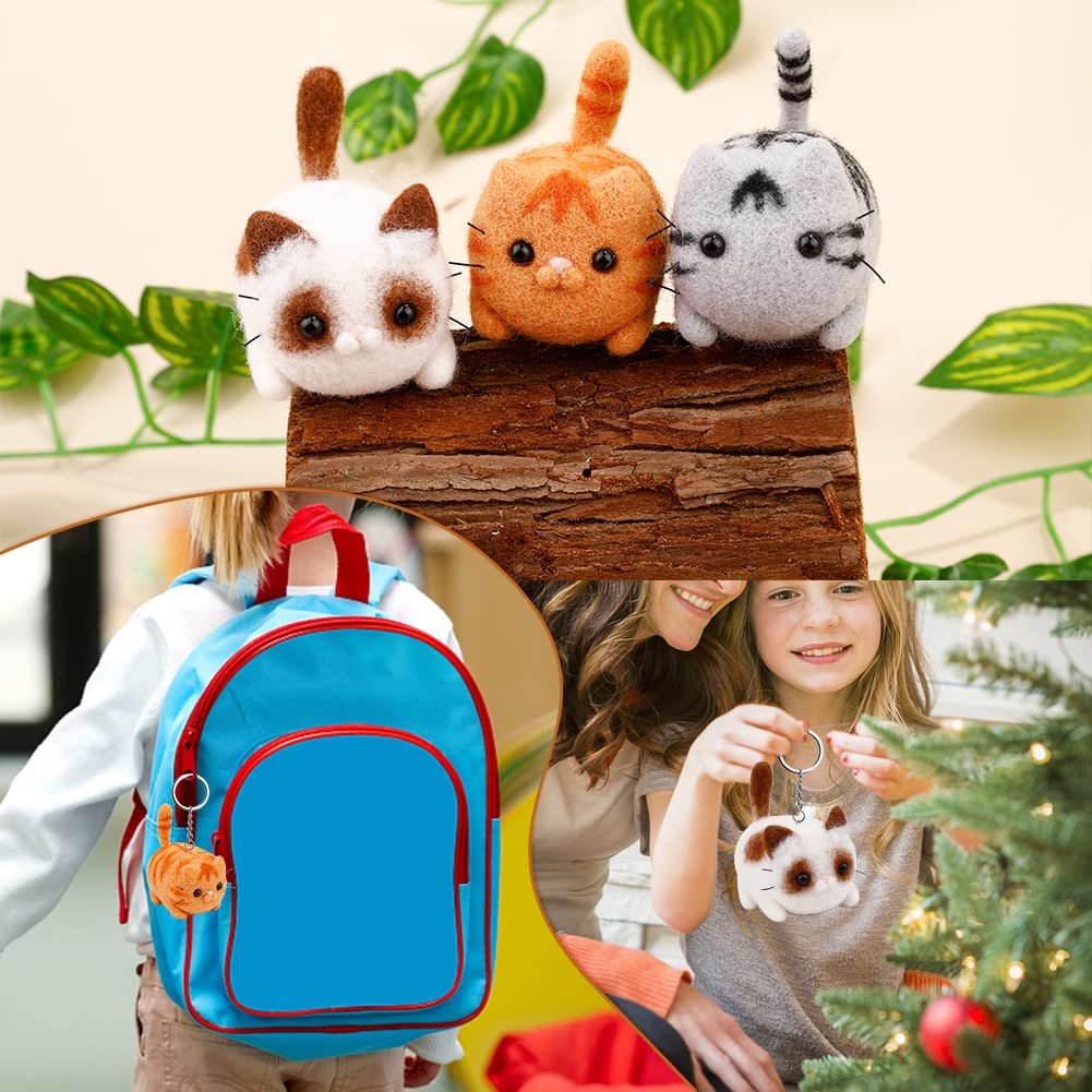 Three felted cat keychains displayed on a log, with a child's backpack and a mother and daughter decorating a Christmas tree.