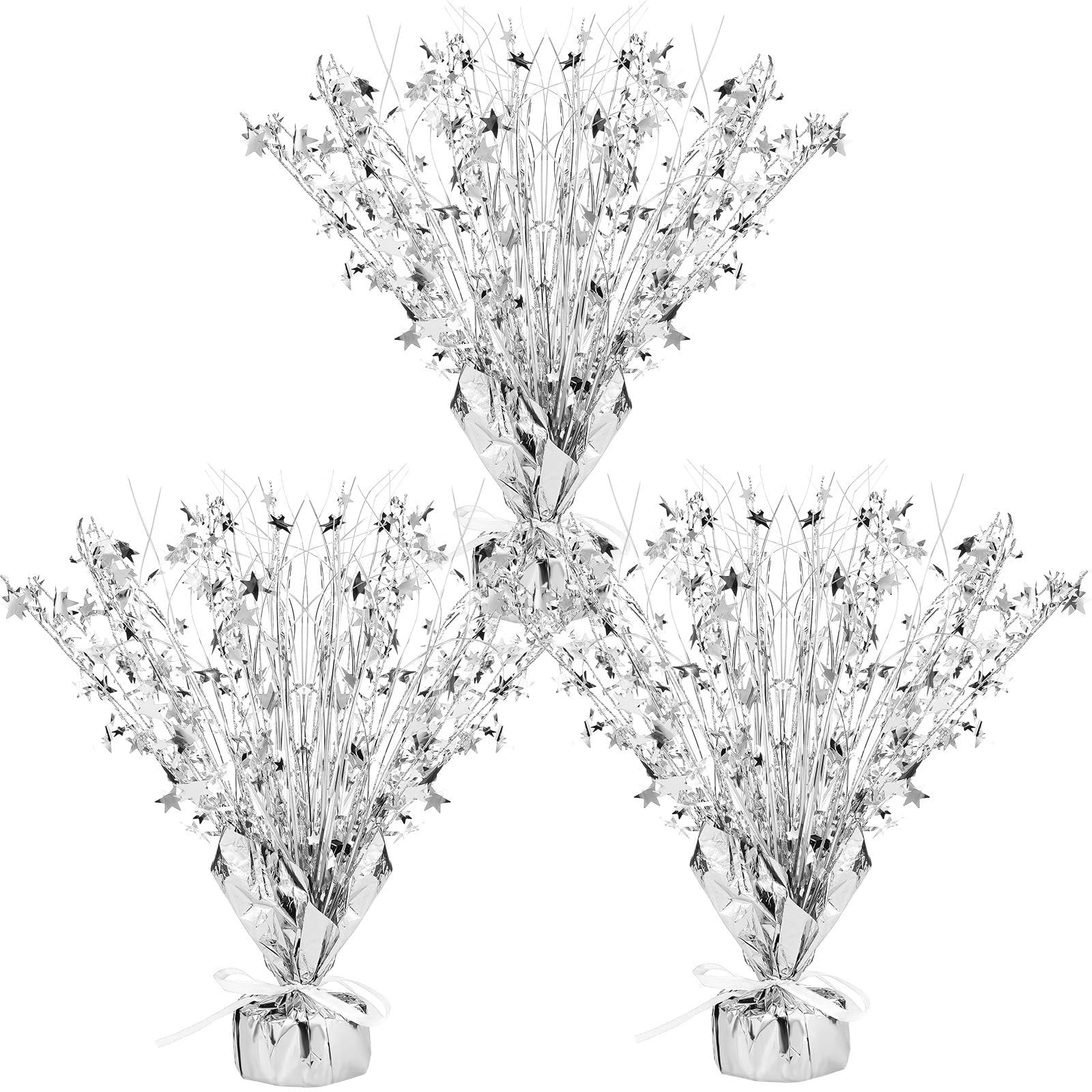 Three silver metallic foil spray star burst table centerpieces arranged in a triangular formation on a white background.