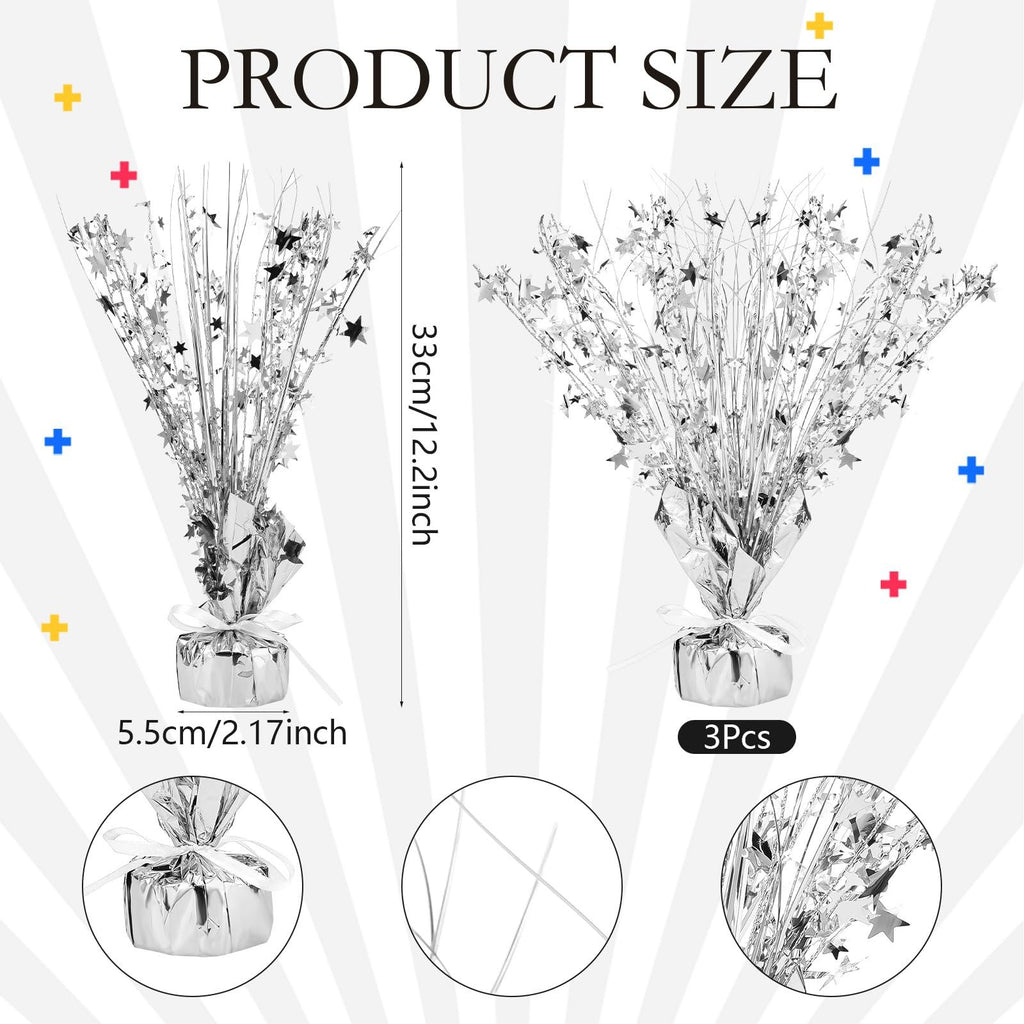Silver metallic foil spray star burst table centerpiece with size dimensions and 3-piece count indicated.