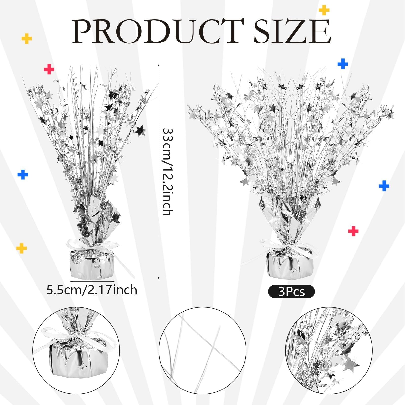 Silver metallic foil spray star burst table centerpiece with size dimensions and 3-piece count indicated.