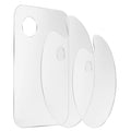 Three transparent acrylic paint palettes, one rectangular and two oval, on a white background.
