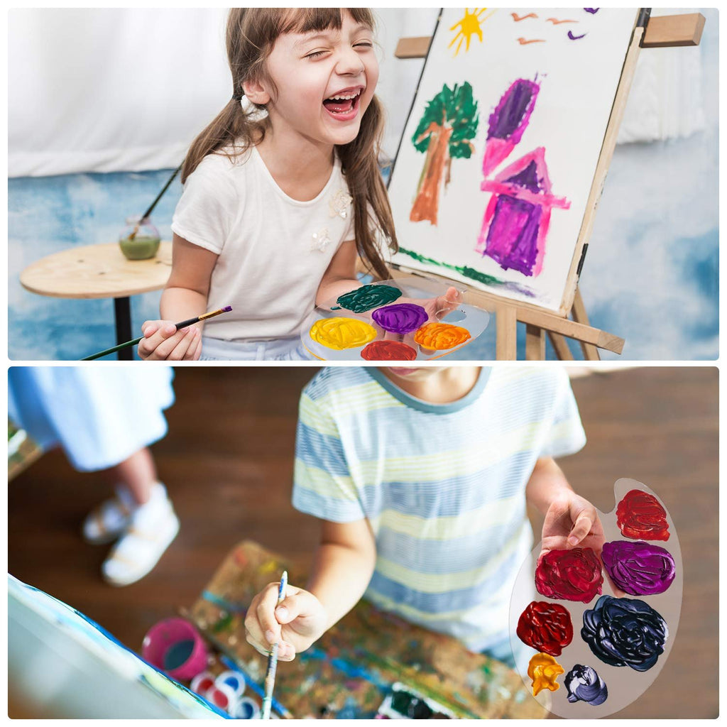 Two children painting with acrylic palettes, one girl laughing and holding a palette with green, purple, yellow, and orange paint, the other boy holding a palette with red, purple, black, and yellow paint.