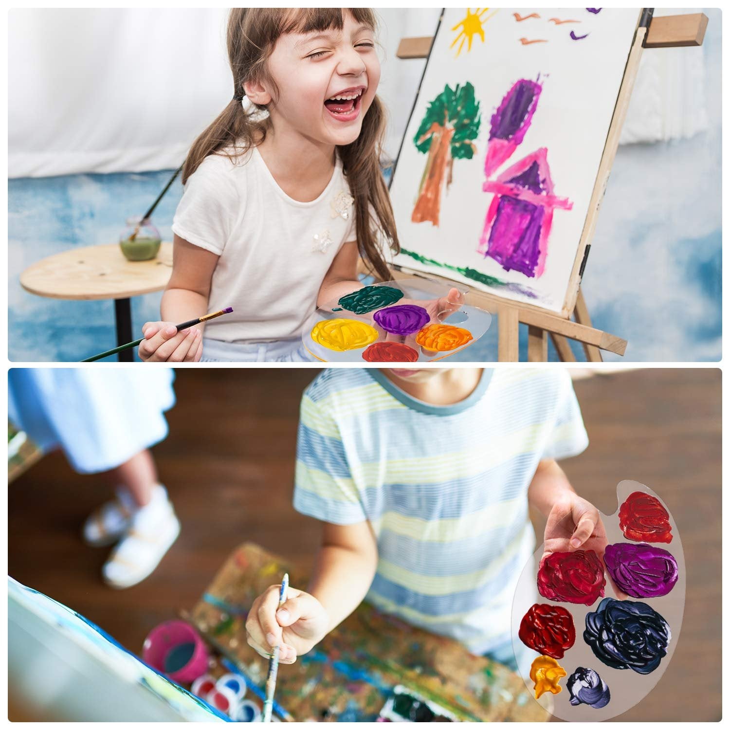 Two children painting with acrylic palettes, one girl laughing and holding a palette with green, purple, yellow, and orange paint, the other boy holding a palette with red, purple, black, and yellow paint.