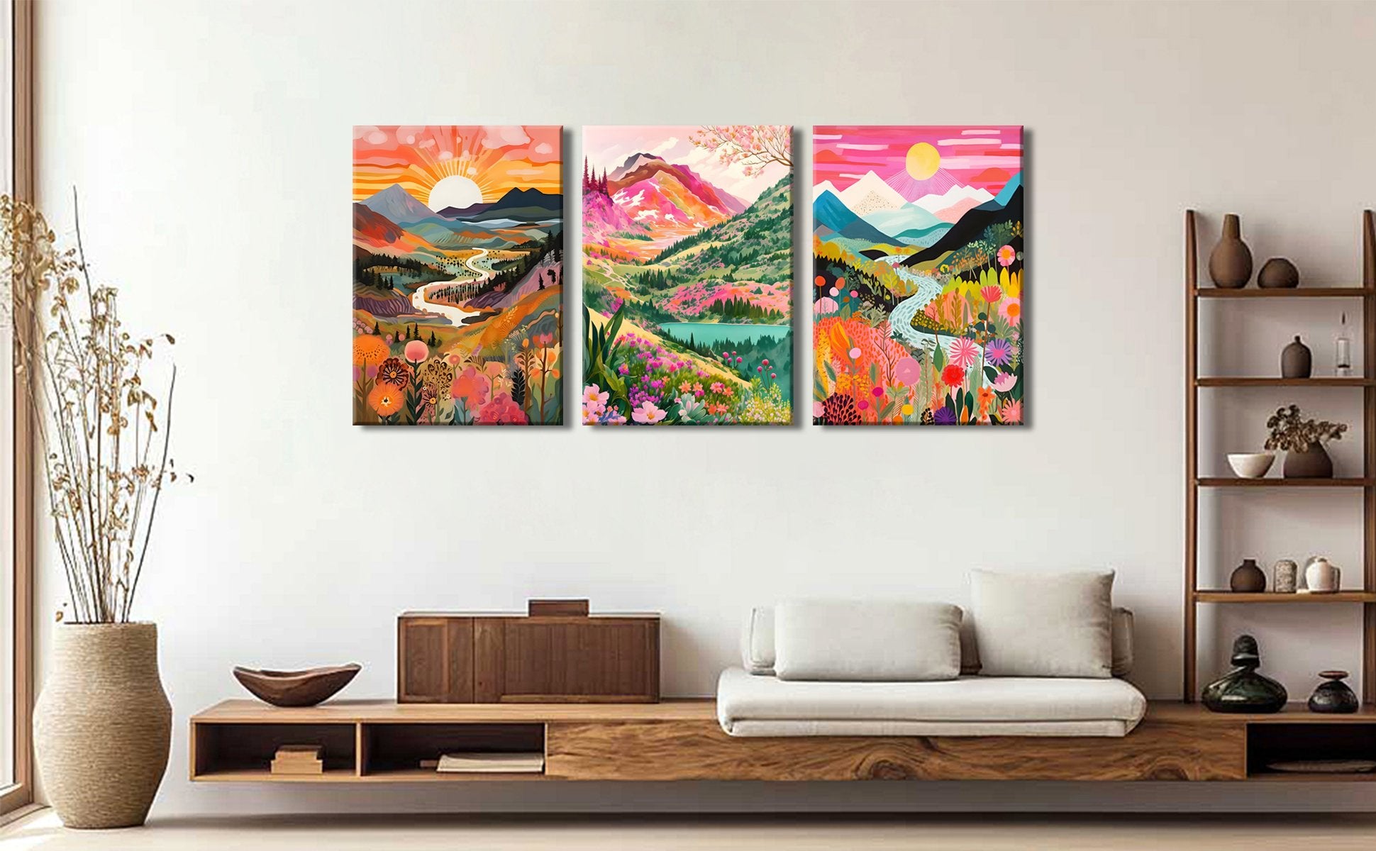 Three framed abstract landscape canvas wall art prints depicting colorful mountains, rivers, and flowers in a boho style.