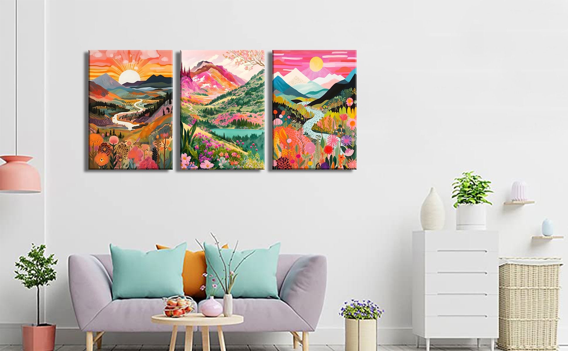 Three framed abstract landscape canvas prints depicting mountains, rivers, and flowers in vibrant colors, displayed above a sofa.