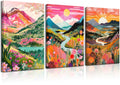 Three framed canvas prints depicting vibrant, abstract mountain landscapes with floral elements and winding rivers.