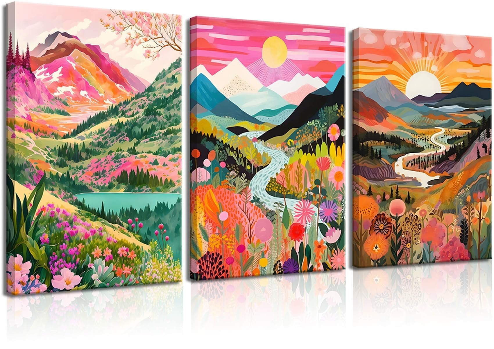 Three framed canvas prints depicting vibrant, abstract mountain landscapes with floral elements and winding rivers.