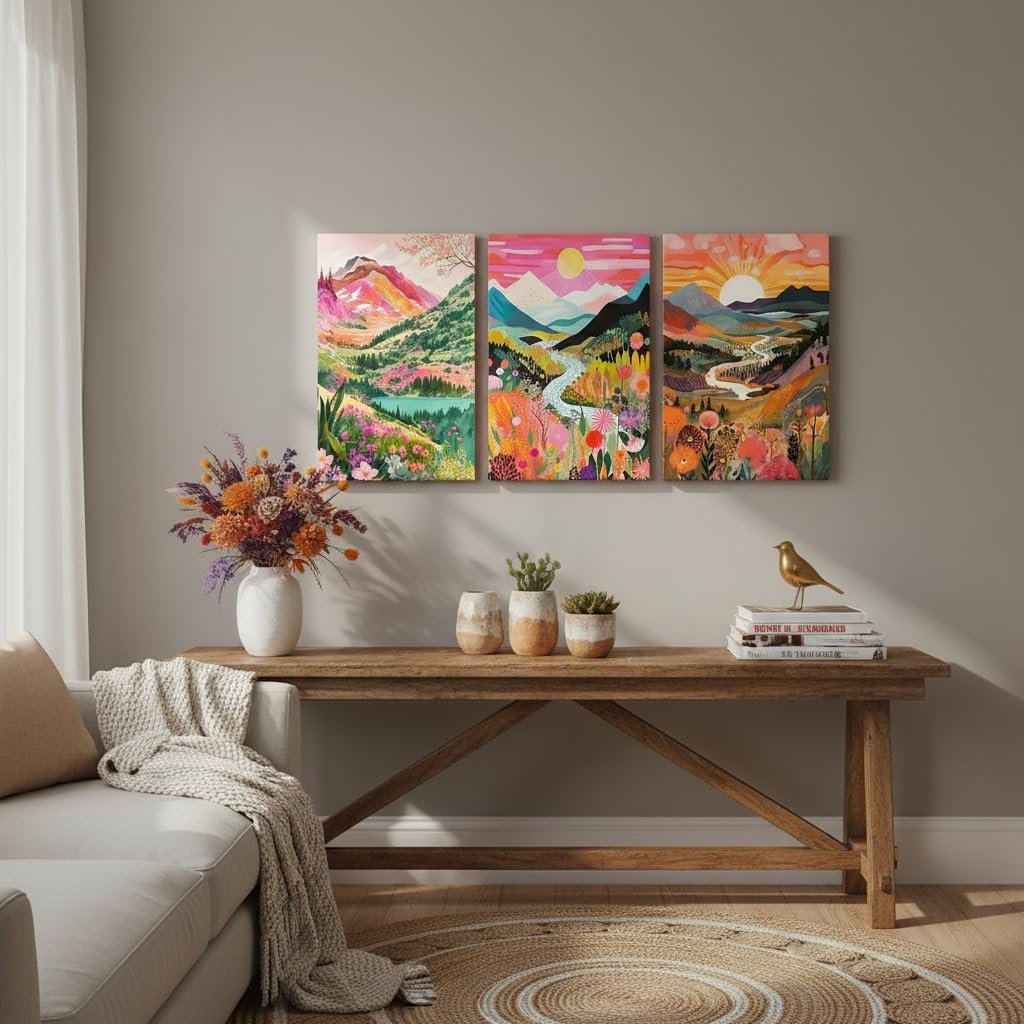 Three framed watercolor mountain landscape canvases displayed above a wooden console table with decor.