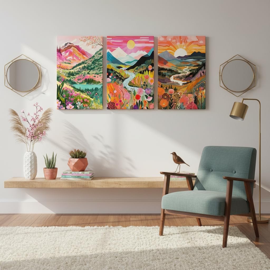 Three framed watercolor mountain landscape canvas prints displayed on a wall above a wooden shelf with decor.
