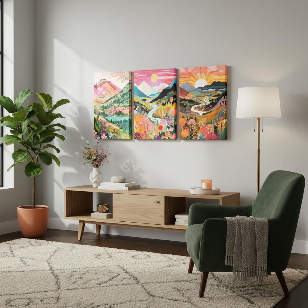 Three framed abstract landscape canvas wall art prints depicting mountains, rivers, and flowers in a living room setting.