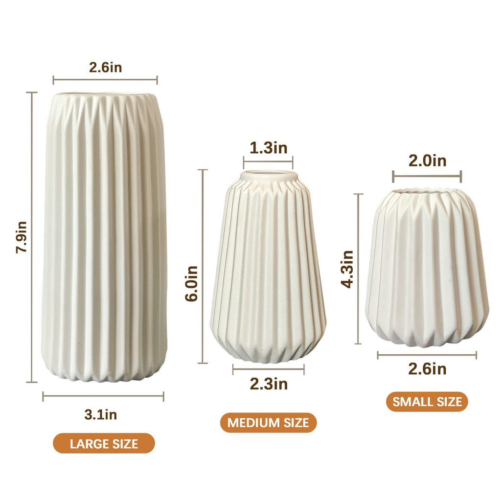 Three white ceramic vases of varying sizes displayed with dimension callouts and size labels.