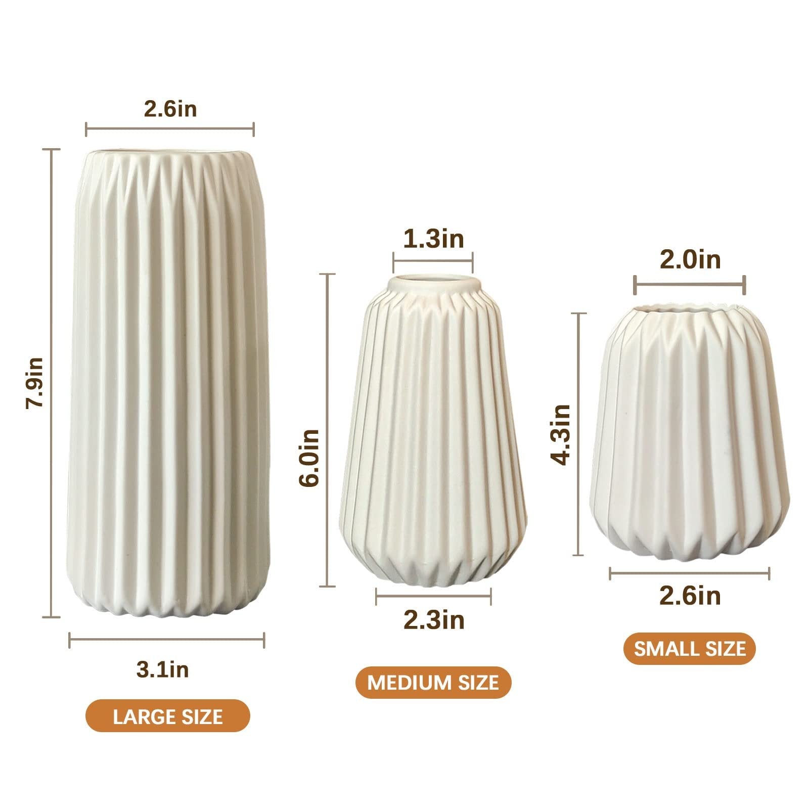 Three white ceramic vases of varying sizes displayed with dimension callouts and size labels.