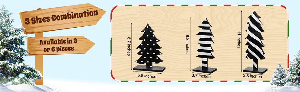Three black and white wooden Christmas trees with bases, showing different sizes and patterns, with measurement callouts.