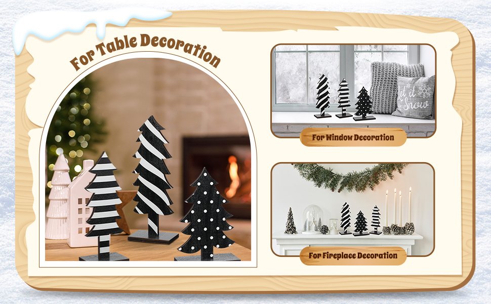 Three black and white wooden Christmas trees with bases displayed on a table, with smaller inset images showing trees on a windowsill and mantelpiece.