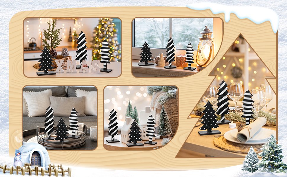 Collage of black and white wooden Christmas trees with bases displayed in various home settings.