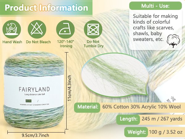 Gradient cake yarn skein with product information and care symbols. Shows dimensions and material composition.