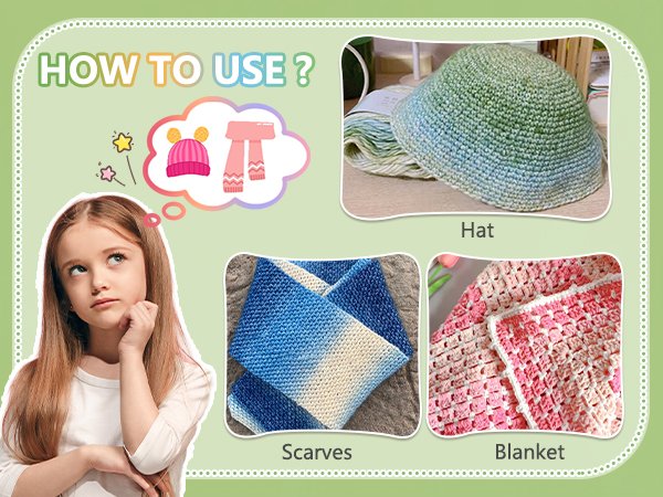 Girl thinking about crafts with yarn, showing examples of a hat, scarf, and blanket made from yarn.