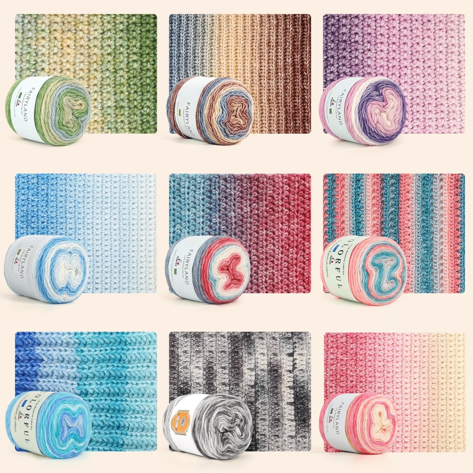 Nine skeins of gradient yarn displayed with knitted swatches in various colorways, including green, brown, purple, blue, red, and pink.