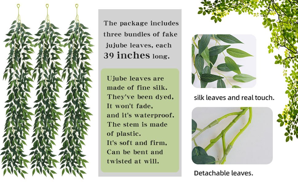 Three artificial silk jujube leaf garlands, each 39 inches long, with detailed shots of leaves and stems.