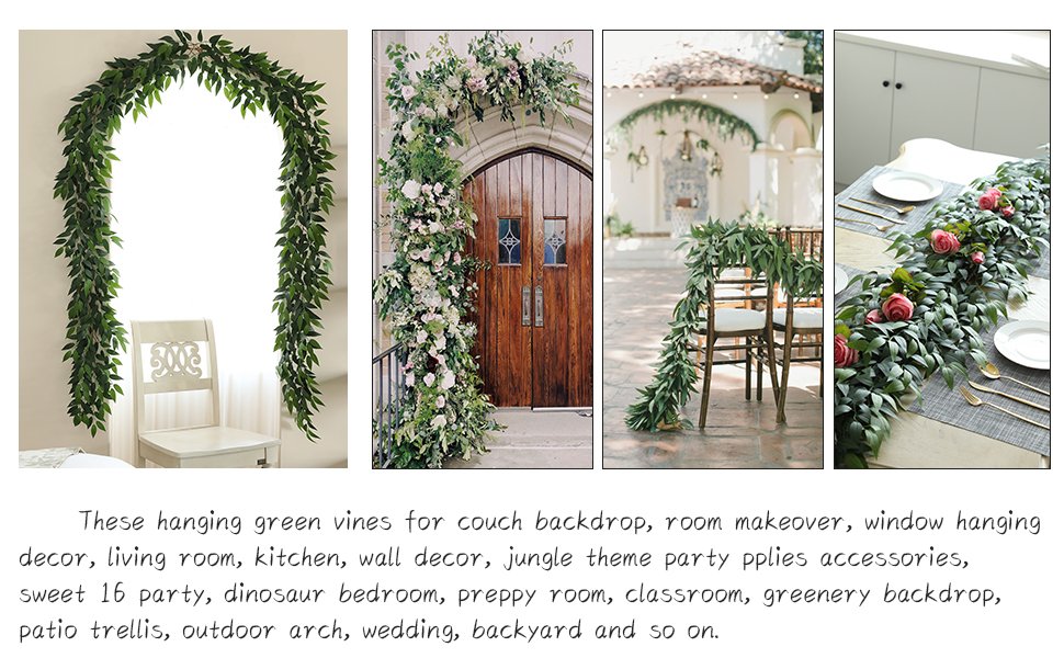 Four decorative arrangements of green leaf garlands, including an archway, doorway, chairs, and a table runner.