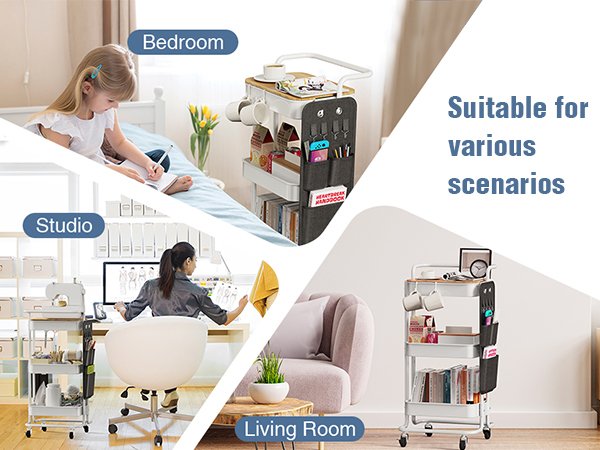 Collage showing a white 3-tier rolling cart in various settings: a child in a bedroom, a woman in a studio, and a cart in a living room.
