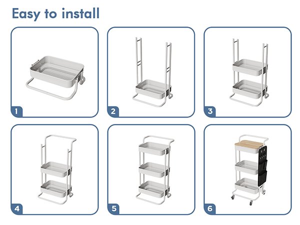 Six-step visual guide showing assembly of a black three-tier rolling cart with tabletop and side bags.