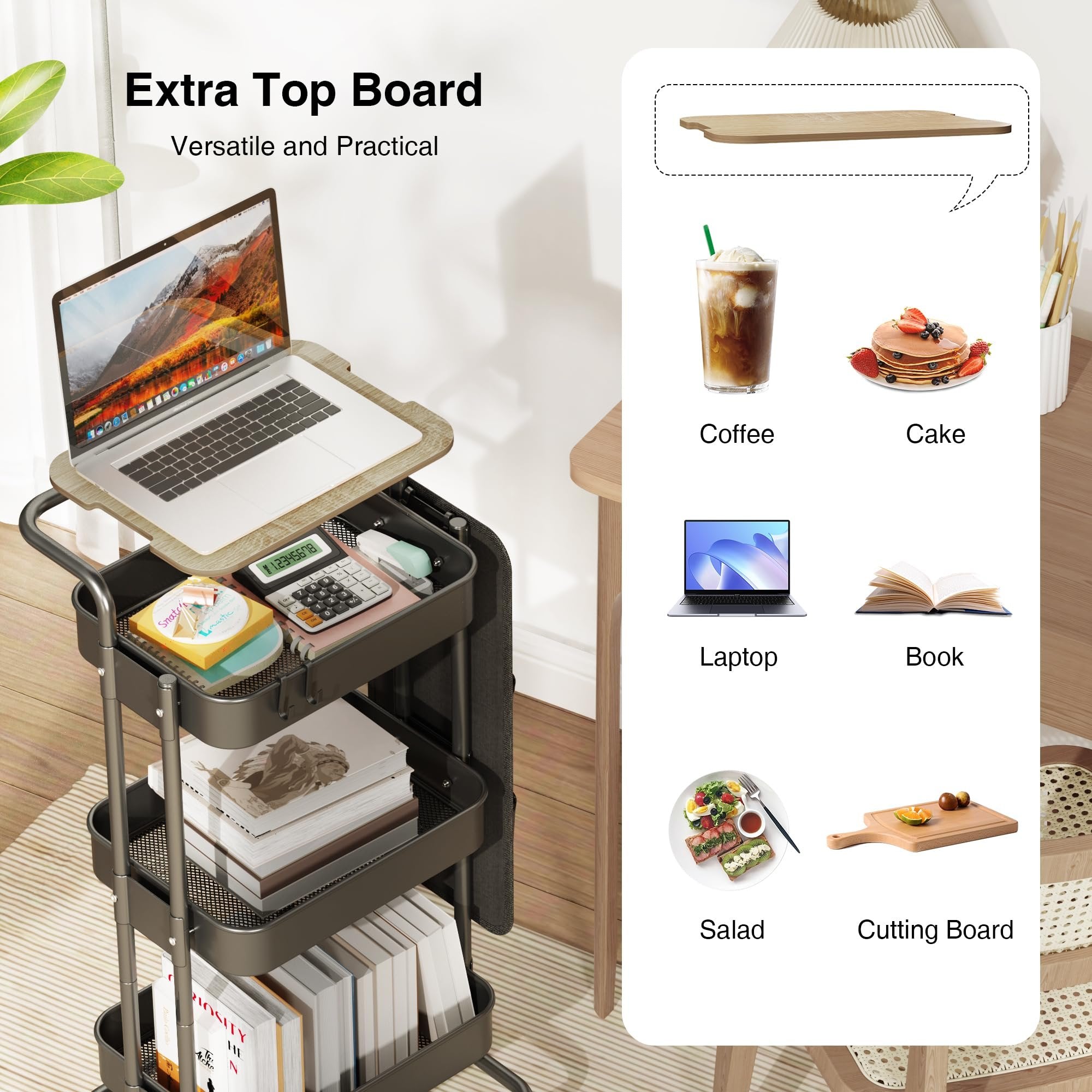 Black three-tier rolling cart with a laptop on the top shelf, books on lower shelves, and various items on the middle shelf. A collage of lifestyle images is on the right.