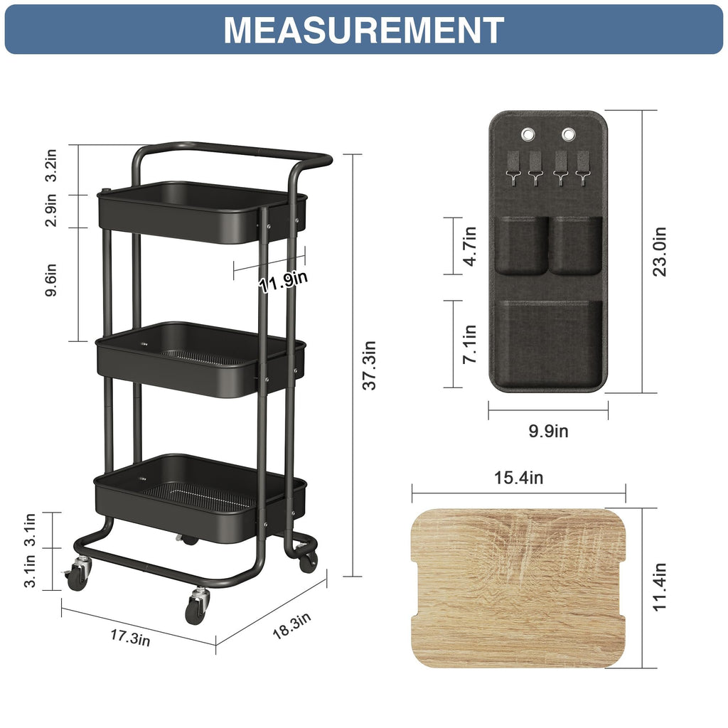 Black three-tier rolling cart with dimensions and side storage bag and tabletop shown with measurements.