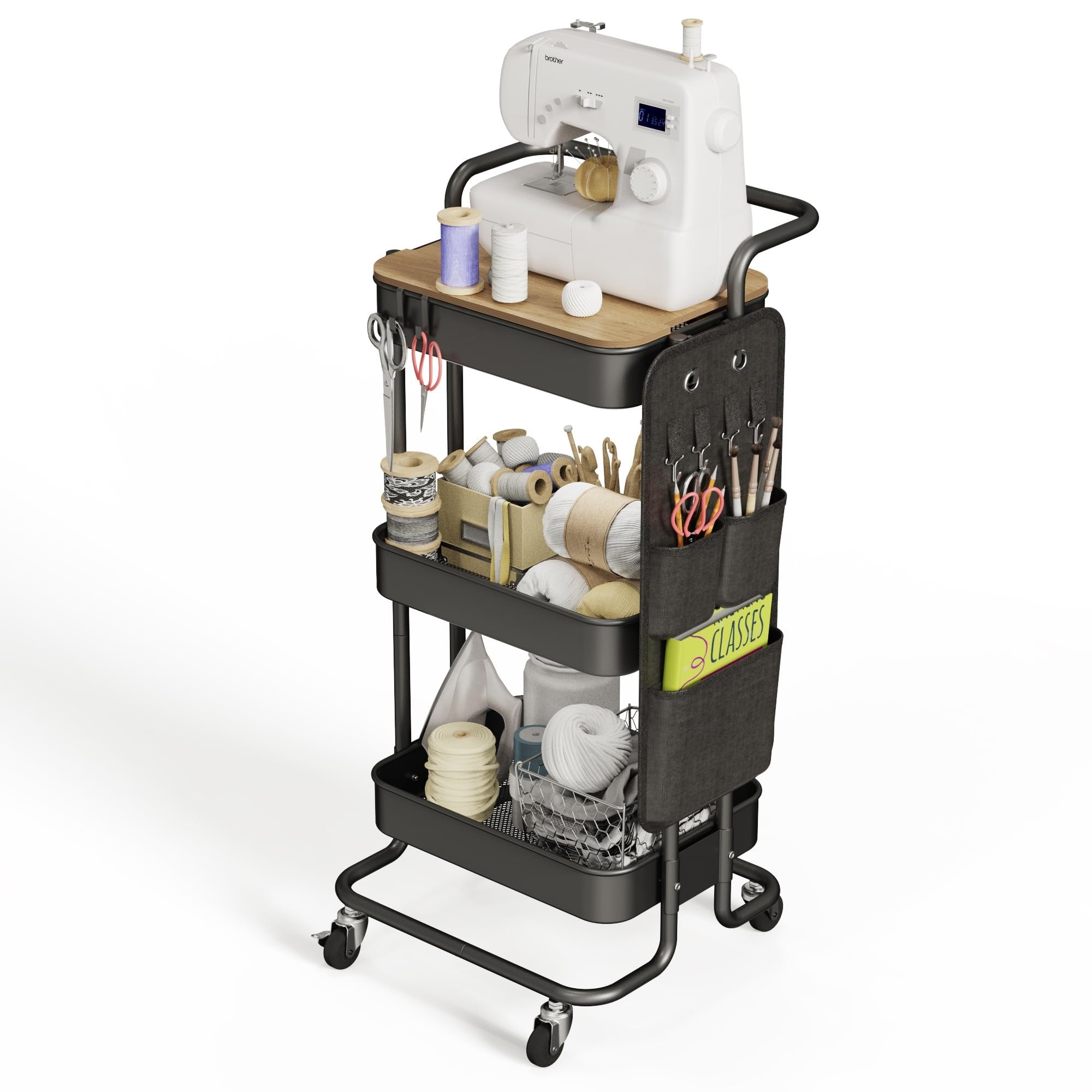 Three-tier black rolling cart filled with sewing supplies, including a white sewing machine, spools of thread, scissors, and yarn.