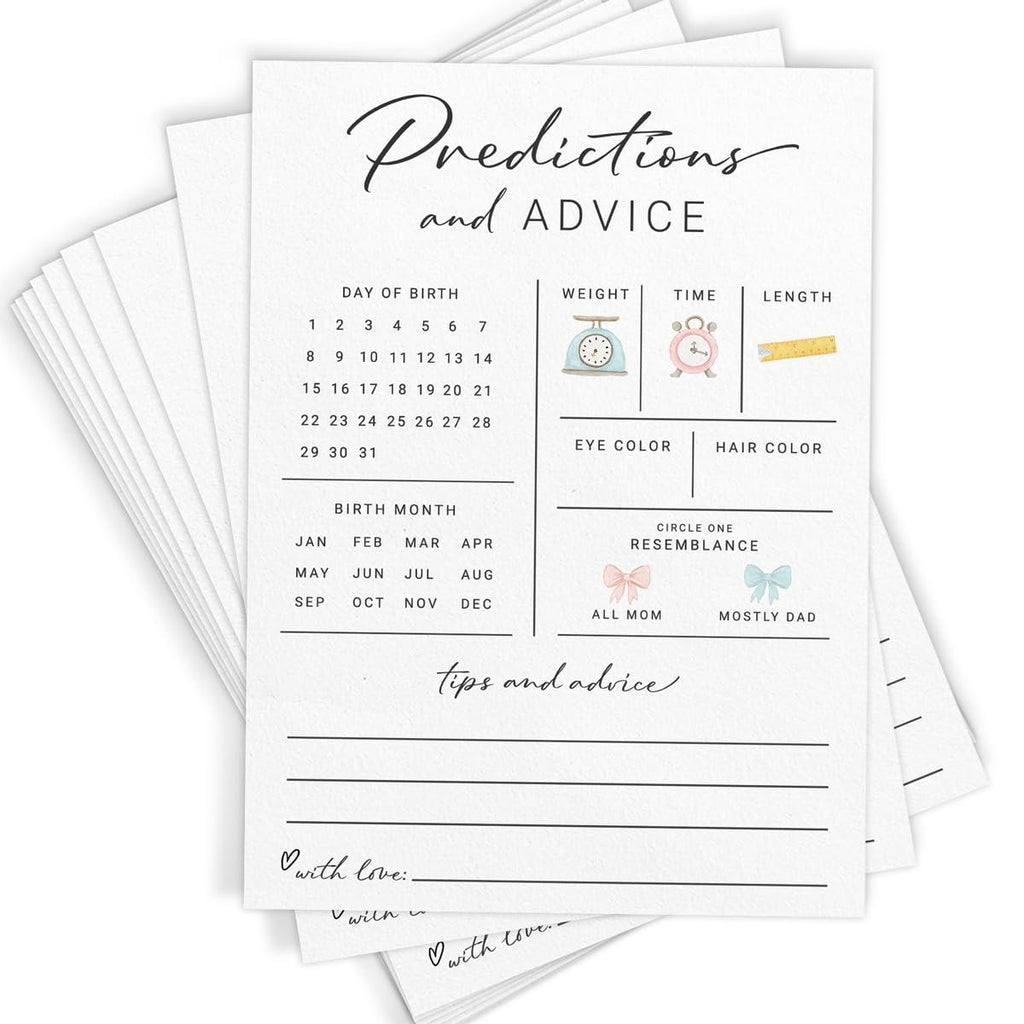 Baby shower predictions and advice cards with sections for birth date, weight, time, length, eye and hair color, and resemblance.