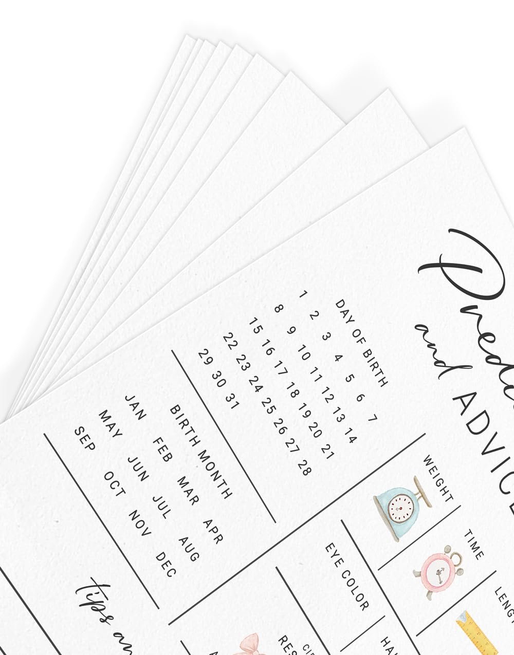 Stack of baby shower prediction and advice cards with sections for birth month, day of birth, weight, eye color, and time. Minimalist design with watercolor accents.