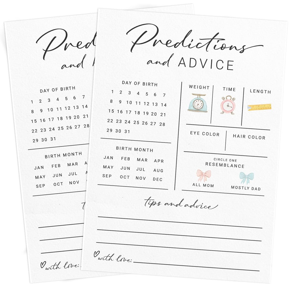 Two baby prediction and advice cards with sections for day of birth, birth month, weight, time, length, eye color, hair color, and resemblance.