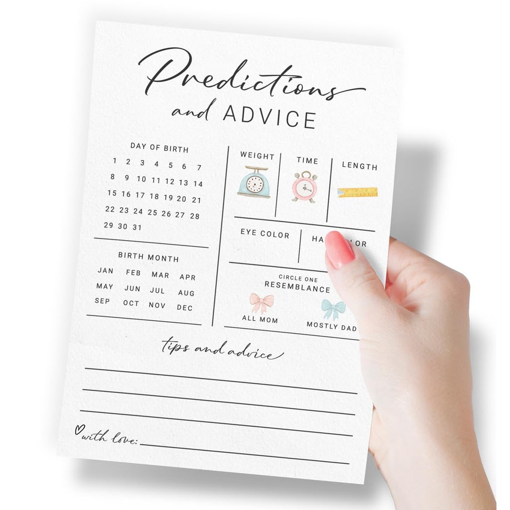 Baby shower predictions and advice card held by a hand, featuring fields for birth date, month, weight, time, length, eye color, hair color, and resemblance.