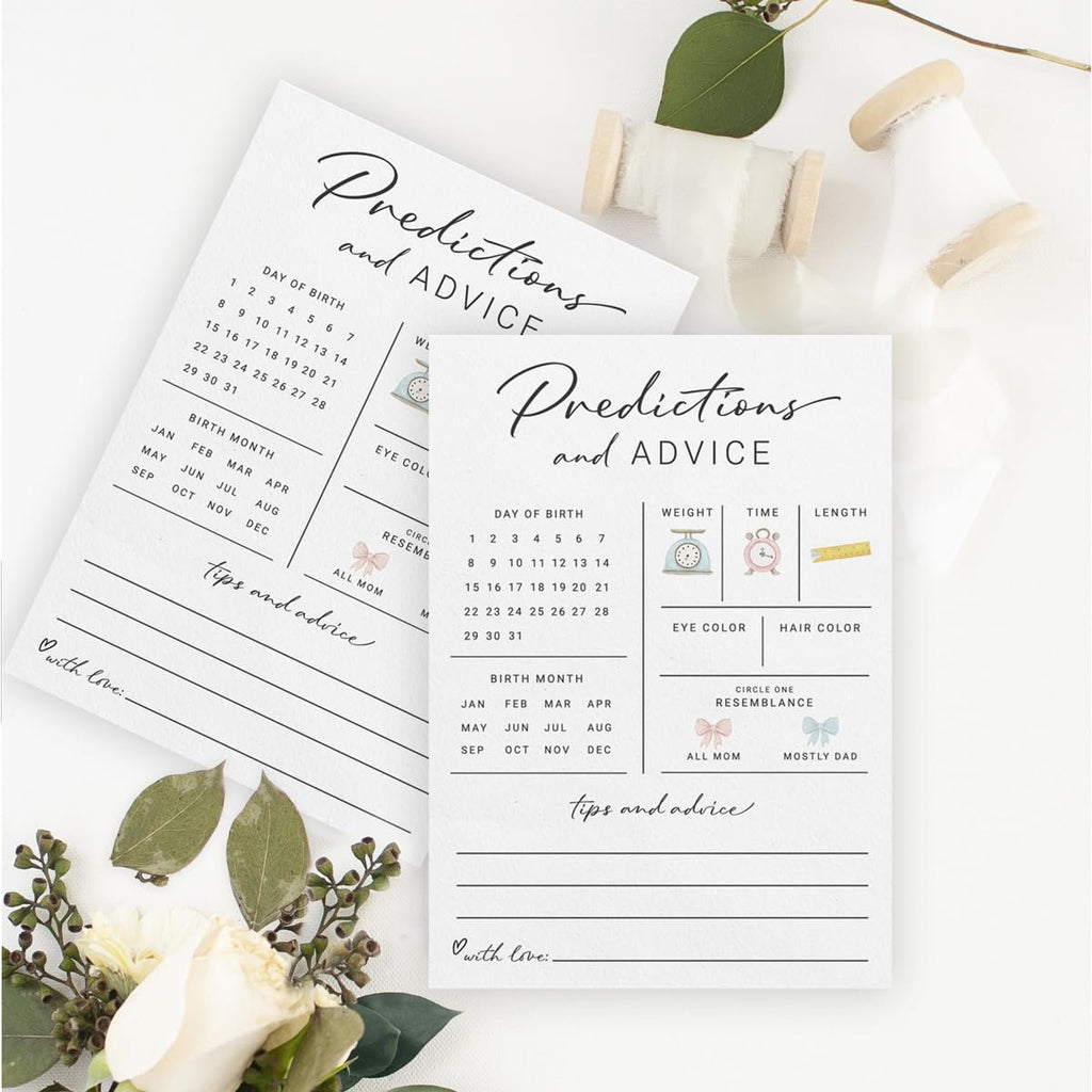 Two baby shower prediction and advice cards with fields for day of birth, birth month, weight, time, length, eye color, hair color, and resemblance.