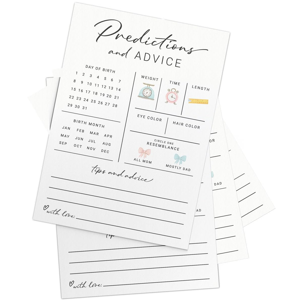 Baby shower prediction and advice cards with sections for birth date, birth month, weight, time, length, eye color, hair color, and resemblance.