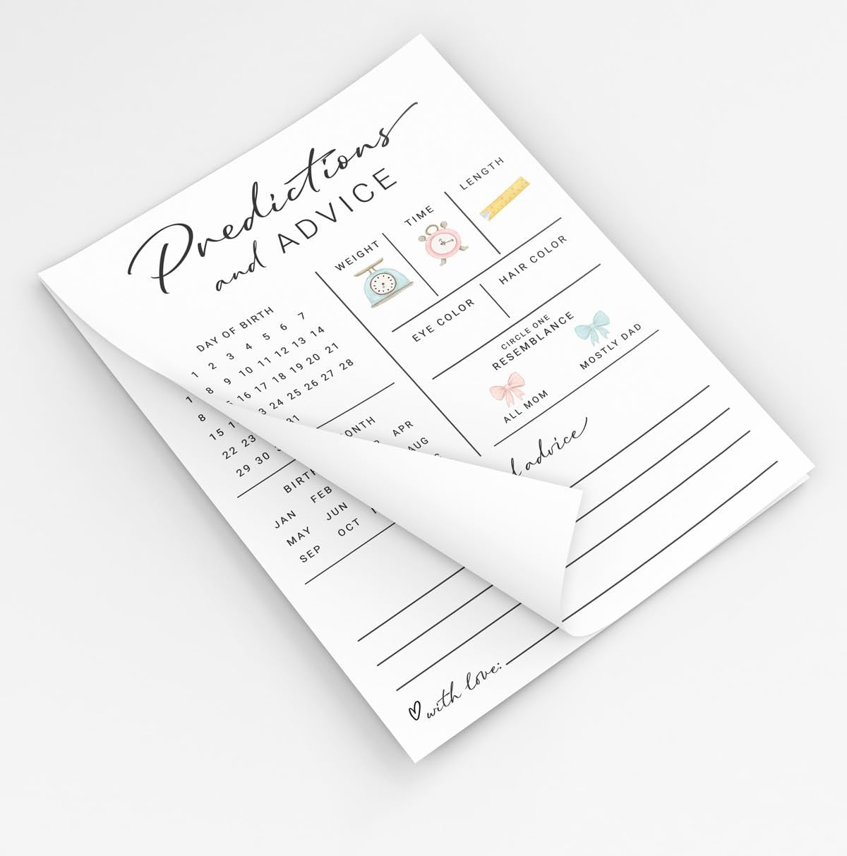 Baby shower predictions and advice card with sections for day of birth, weight, time, length, eye color, hair color, and resemblance. Includes calendar dates and months.