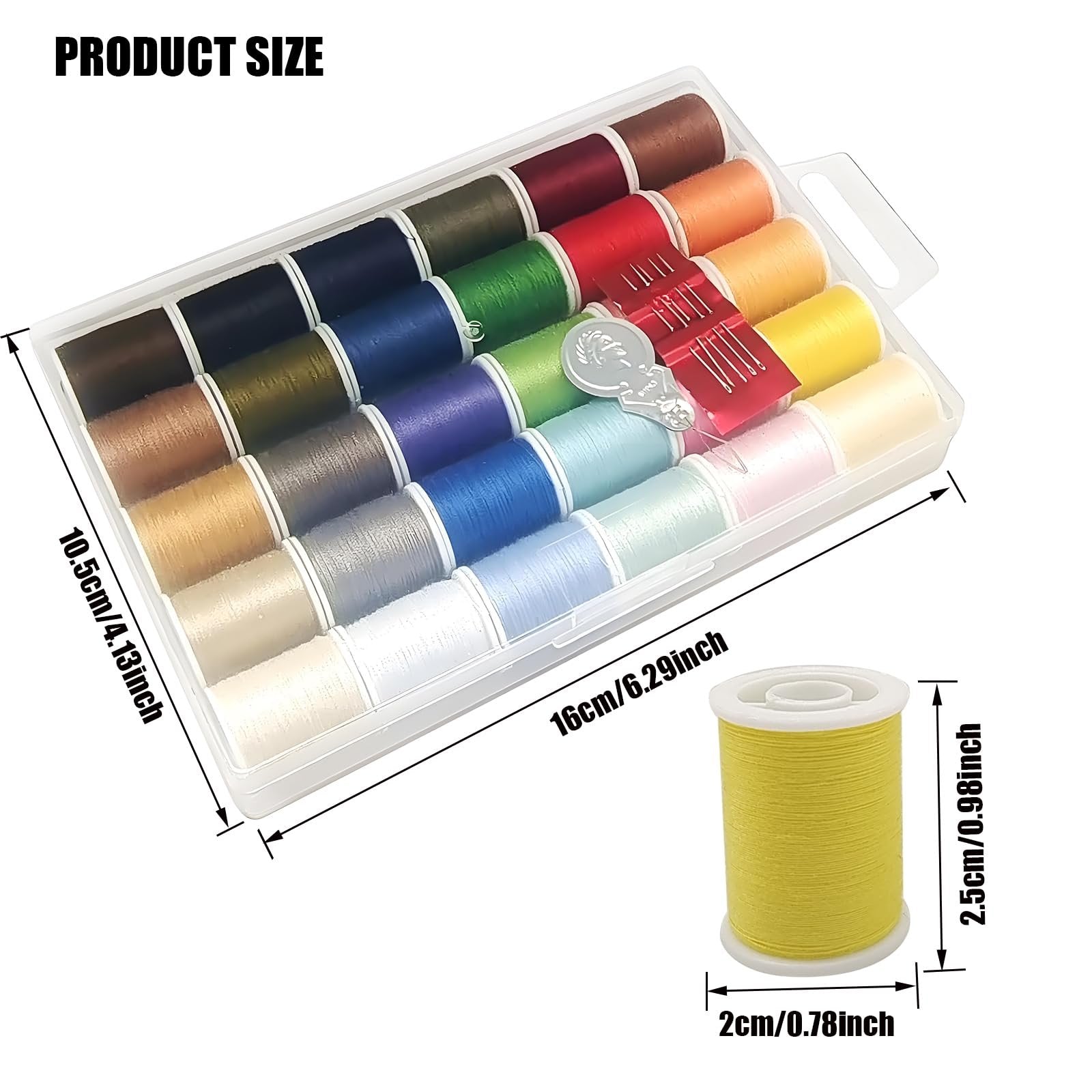 Set of 30 spools of polyester sewing thread in various colors, with needles and threaders, shown in a clear plastic case with size dimensions.