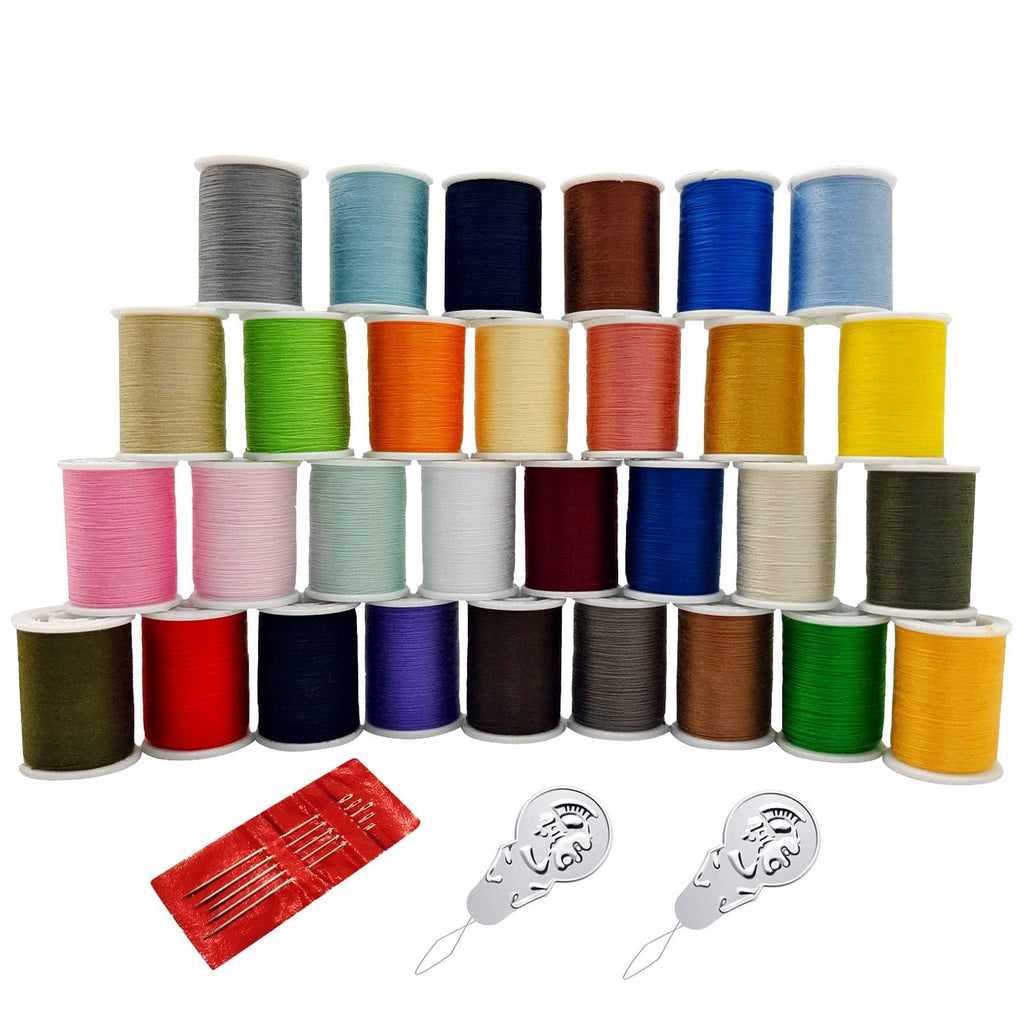 Assorted spools of polyester sewing thread in various colors, with needles and needle threaders.
