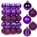 30-count shatterproof purple Christmas ball ornaments in a clear box and displayed individually