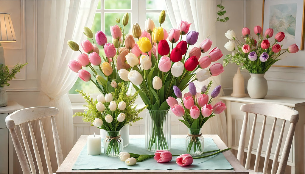 Assortment of colorful artificial tulips in vases on a table with chairs and a lamp